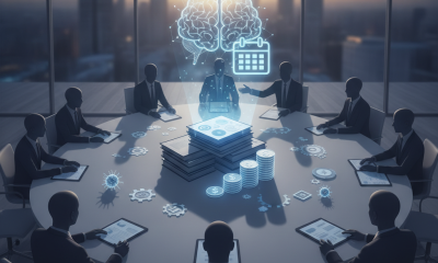 A business meeting with a diverse group of people discussing lewy body dementia awareness month, with a digital brain grap…