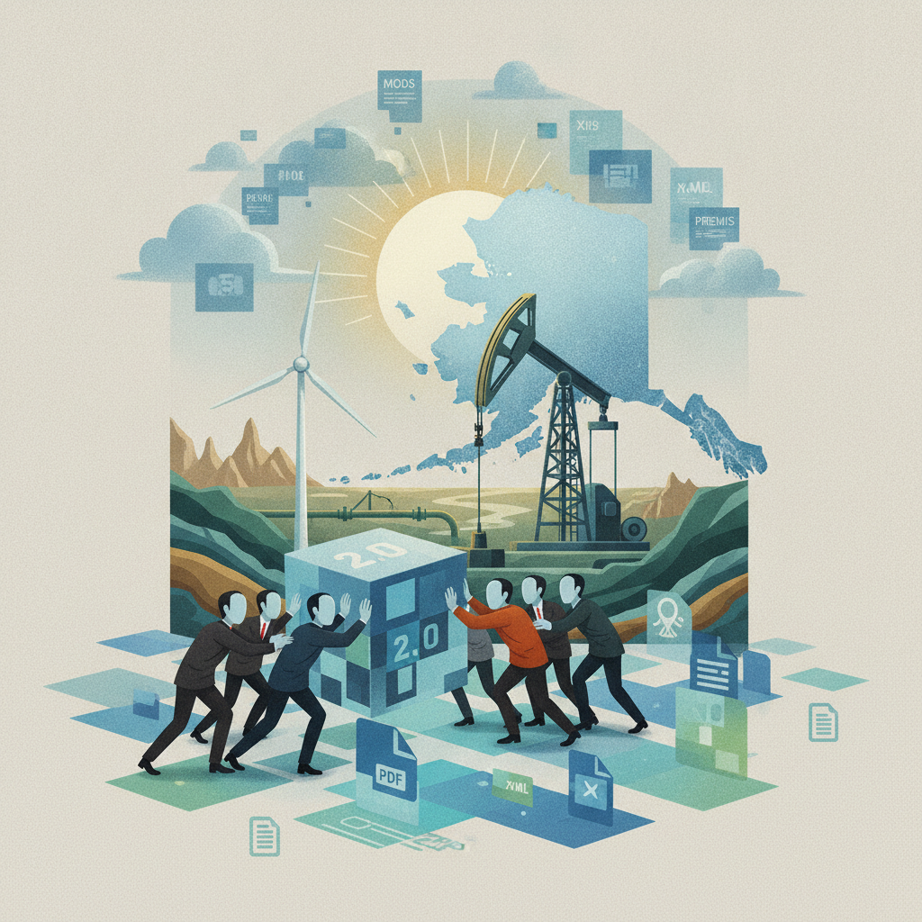 Illustration depicting a group of people collaborating around a large block labeled '2.0 — Alaska Right to Produce Act 2.0