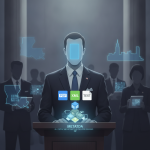 A faceless man in a suit stands at a podium with digital icons represent — Taxpayer Funded Compensation Accountability Act