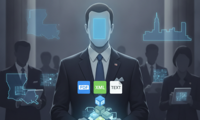 A faceless man in a suit stands at a podium with digital icons represent — Taxpayer Funded Compensation Accountability Act