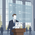 Illustration of a man in a suit presenting a document with a diagram, surrounded by peo — Alpha-gal Allergen Inclusion Act