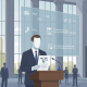 Illustration of a man in a suit presenting a document with a diagram, surrounded by peo — Alpha-gal Allergen Inclusion Act