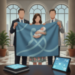 Three individuals hold a blue banner symbolizing the mothers and newborns success act, with a baby wrapped in a blanket.