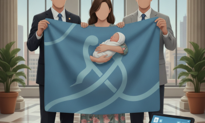 Three individuals hold a blue banner symbolizing the mothers and newborns success act, with a baby wrapped in a blanket.