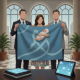 Three individuals hold a blue banner symbolizing the mothers and newborns success act, with a baby wrapped in a blanket.