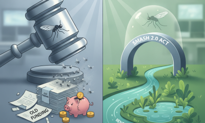 Illustration contrasting old mosquito abatement funding with renewed funding under the SMASH 2.0 Act, featuring a gavel an…