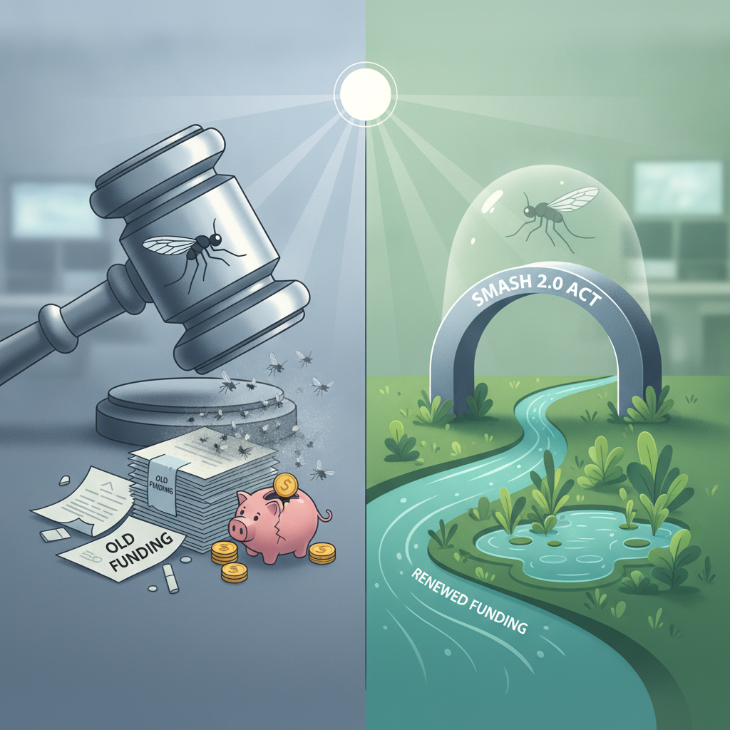 Illustration contrasting old mosquito abatement funding with renewed funding under the SMASH 2.0 Act, featuring a gavel an…