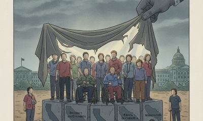 A large hand lifts a curtain revealing a group of diverse individuals, including a pe — Medicaid medically frail exemption