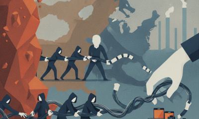 Illustration depicting workers pulling cables from a rock formation, sym — Stop China Exploitation of Congolese Cobalt Act