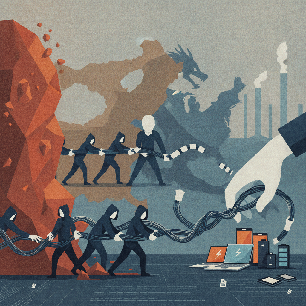 Illustration depicting workers pulling cables from a rock formation, sym — Stop China Exploitation of Congolese Cobalt Act