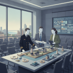 Three individuals discussing plans over a table with models of coastal communi — Strengthening Coast Guard Communities Act