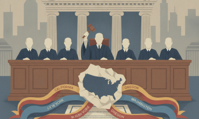 Illustration of a Supreme Court hearing with justices and a gavel, featuring — Supreme Court birthright citizenship ruling