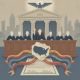 Illustration of a Supreme Court hearing with justices and a gavel, featuring — Supreme Court birthright citizenship ruling