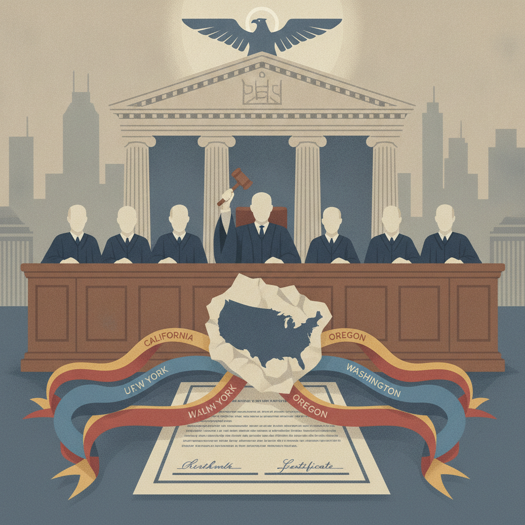 Illustration of a Supreme Court hearing with justices and a gavel, featuring — Supreme Court birthright citizenship ruling