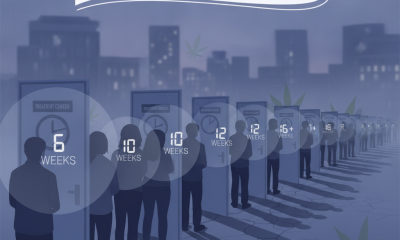 Silhouetted figures waiting in line outside treatment center doors, indicating long wait — teen cannabis treatment delays