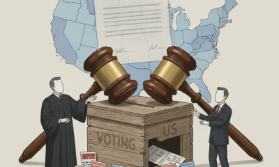 Illustration depicting a judge and a man beside a voting box, with gavel an — trump mail in voting executive order blocked