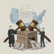 Illustration depicting a judge and a man beside a voting box, with gavel an — trump mail in voting executive order blocked