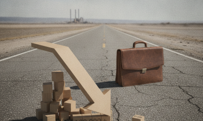 A symbolic representation of US job growth June showing a downward trend with wooden blocks and a briefcase on a cracked r…