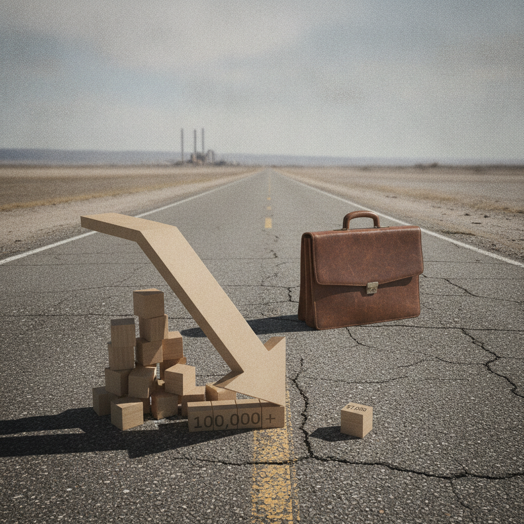 A symbolic representation of US job growth June showing a downward trend with wooden blocks and a briefcase on a cracked r…