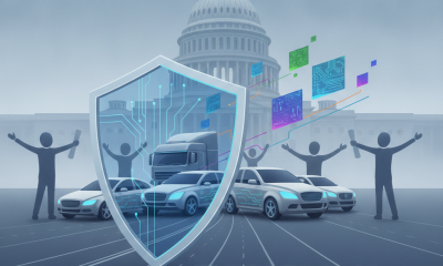 Graphic illustrating the Connected Vehicle Security Act of 2026 with vehicles and a shield in front of a government building.