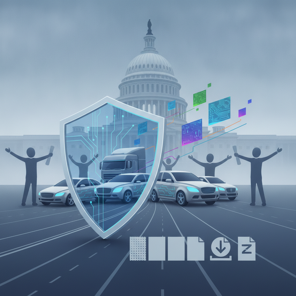 Graphic illustrating the Connected Vehicle Security Act of 2026 with vehicles and a shield in front of a government building.