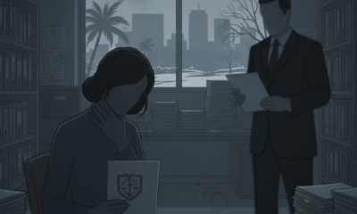 A woman and a man in a dimly lit office, reviewing legal documents related to VAWA immigration policy changes.