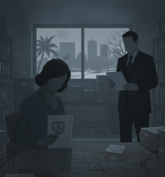 A woman and a man in a dimly lit office, reviewing legal documents related to VAWA immigration policy changes.