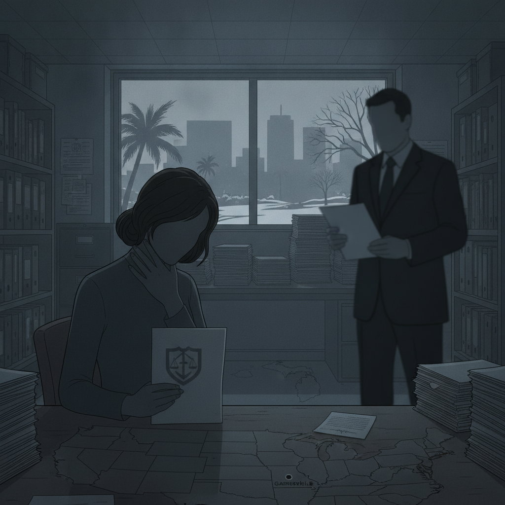 A woman and a man in a dimly lit office, reviewing legal documents related to VAWA immigration policy changes.