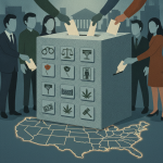 Illustration of voters casting ballots on criminal justice issues, with a ballot b — criminal justice ballot measures 2026