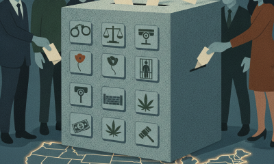 Illustration of voters casting ballots on criminal justice issues, with a ballot b — criminal justice ballot measures 2026