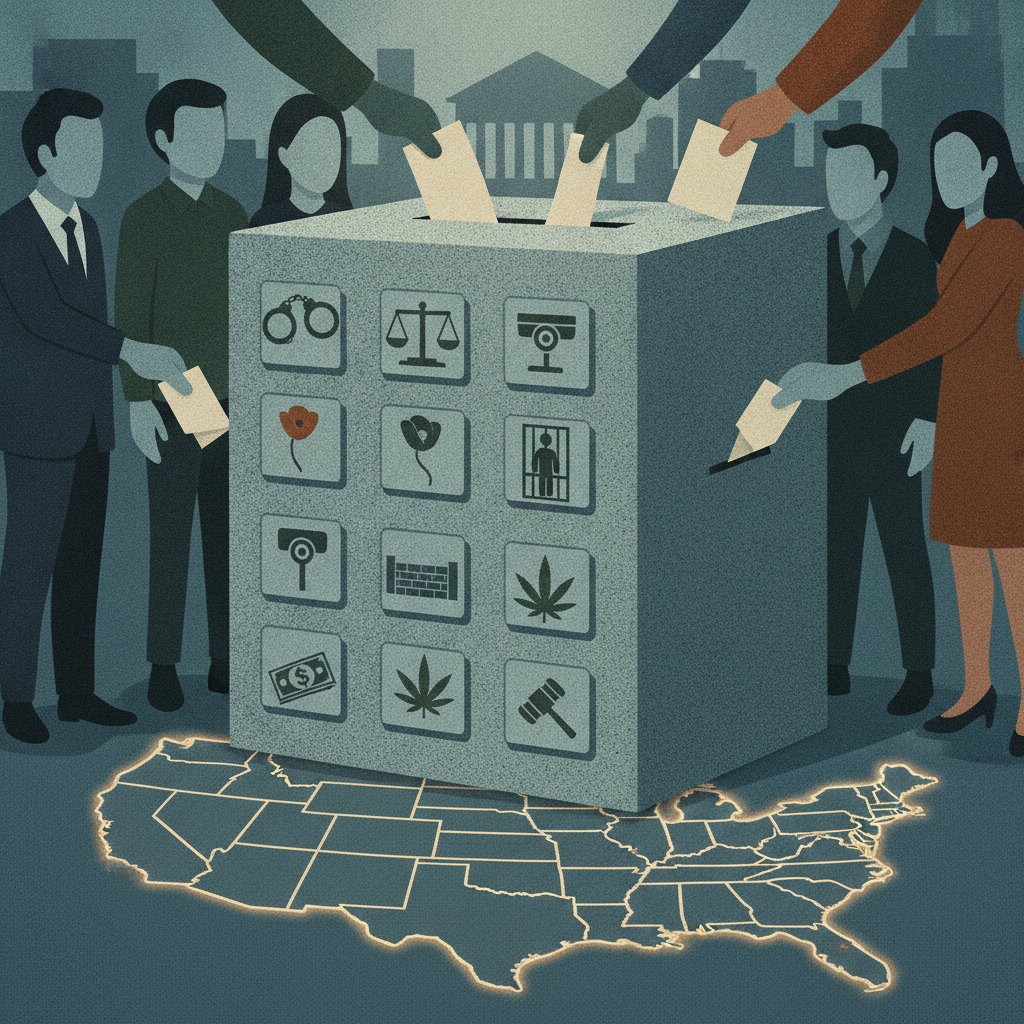 Illustration of voters casting ballots on criminal justice issues, with a ballot b — criminal justice ballot measures 2026