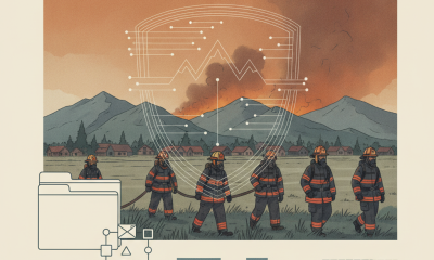 Illustration depicting firefighters in protective gear walking towards a wildfire, with a g — Western Wildfire Support Act