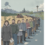 A line of people waiting for food assistance in a barren landscape, illustrating the impa — Americans Losing SNAP Benefits