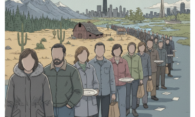 A line of people waiting for food assistance in a barren landscape, illustrating the impa — Americans Losing SNAP Benefits