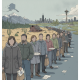 A line of people waiting for food assistance in a barren landscape, illustrating the impa — Americans Losing SNAP Benefits