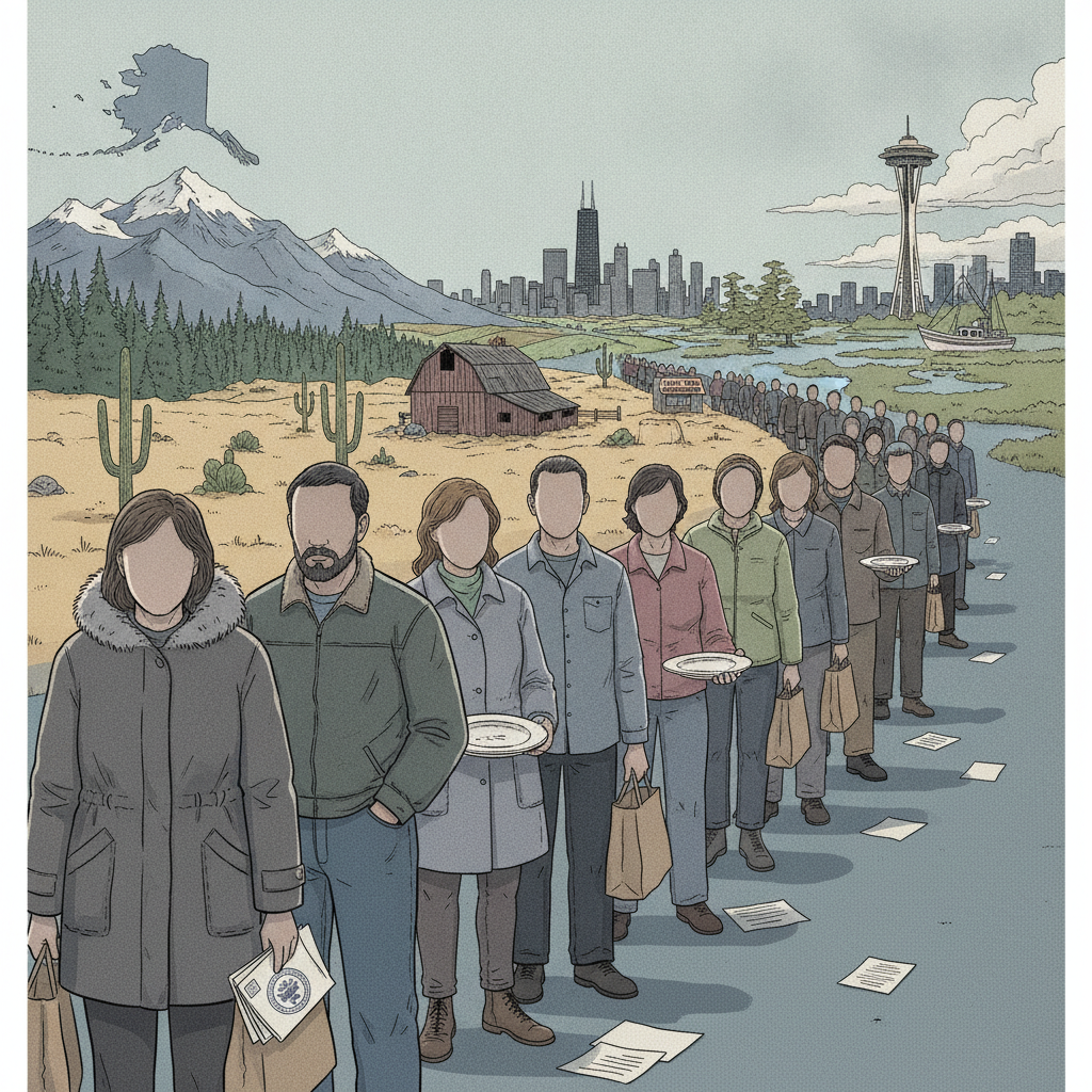 A line of people waiting for food assistance in a barren landscape, illustrating the impa — Americans Losing SNAP Benefits