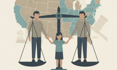 Illustration of a child standing between two parents on a scale, symbolizing 50-50 custody laws in the U.S.