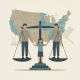 Illustration of a child standing between two parents on a scale, symbolizing 50-50 custody laws in the U.S.