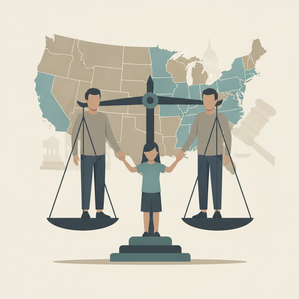 Illustration of a child standing between two parents on a scale, symbolizing 50-50 custody laws in the U.S.