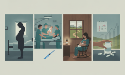 Illustration depicting the journey of a rural mother from pregnancy to postpartum c — rural C-section opioid prescriptions