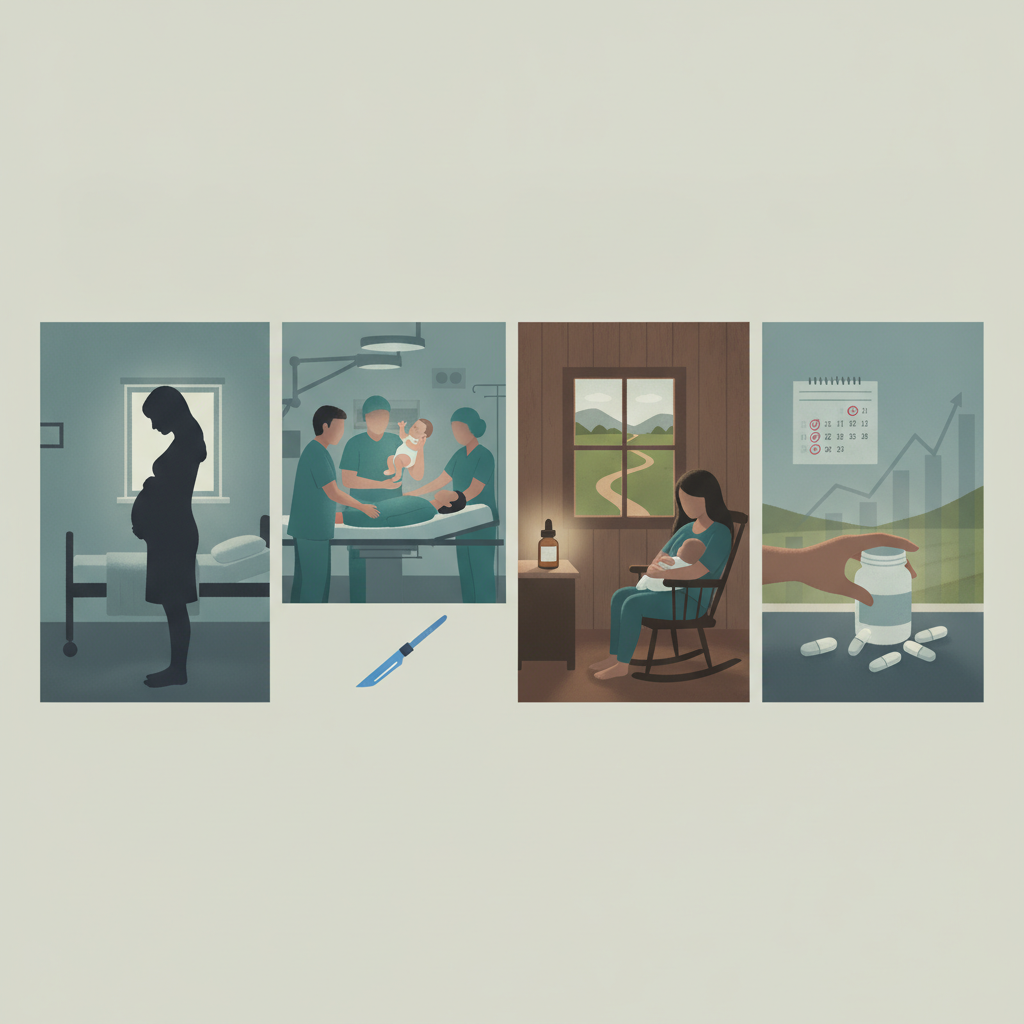 Illustration depicting the journey of a rural mother from pregnancy to postpartum c — rural C-section opioid prescriptions