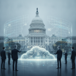 Silhouetted figures in suits discussing digital data around the U.S. — No Fencing at the United States Capitol Complex Act