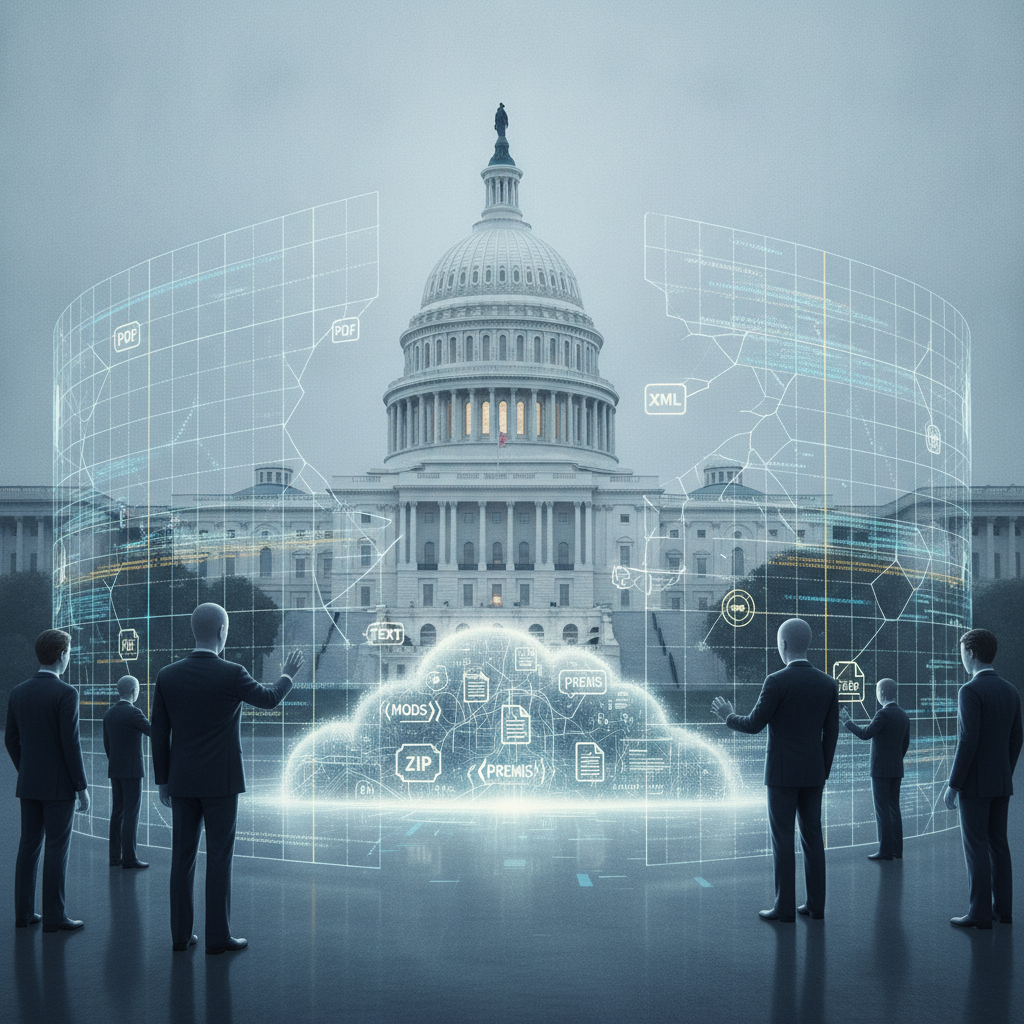 Silhouetted figures in suits discussing digital data around the U.S. — No Fencing at the United States Capitol Complex Act