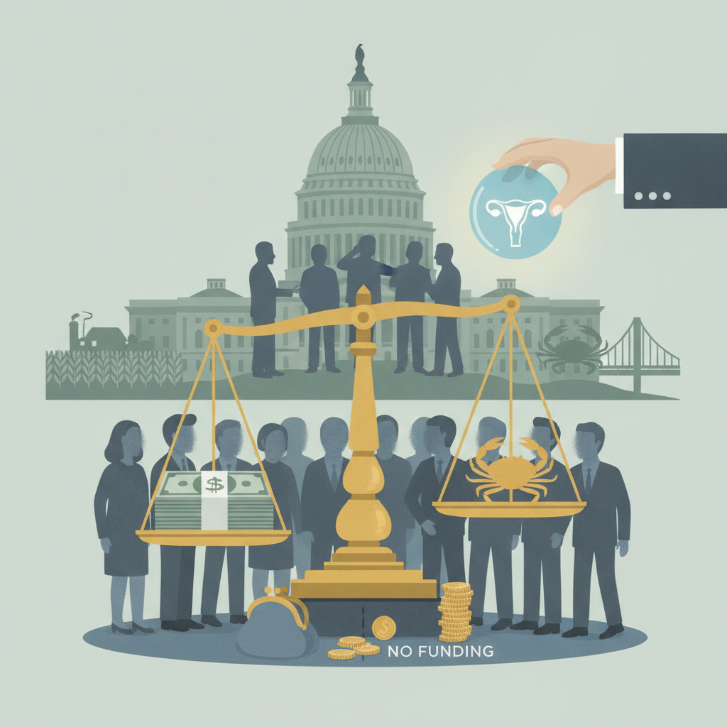 Illustration depicting a scale balancing money and a crab, with the U.S. Capitol in the — Hyde Amendment abortion funding