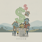 Illustration of people carrying houses and a large dollar sign, representing the renter tax credit HR 10613.