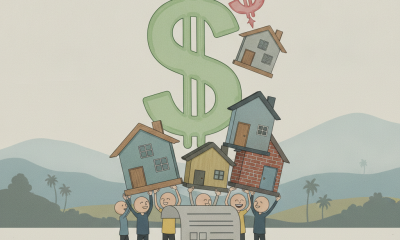 Illustration of people carrying houses and a large dollar sign, representing the renter tax credit HR 10613.