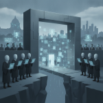 A conceptual illustration showing a divide between for-profit colleges and federal aid, with fi — Students Not Profits Act