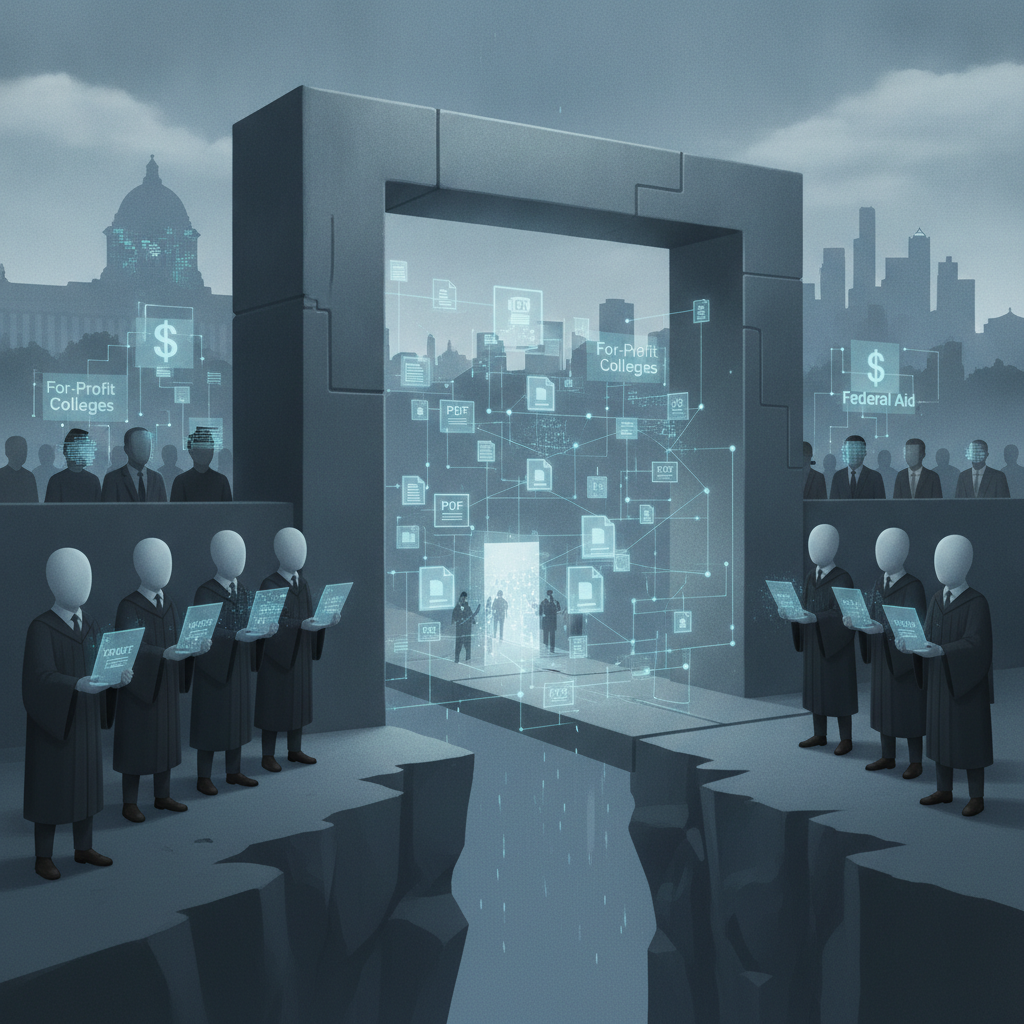 A conceptual illustration showing a divide between for-profit colleges and federal aid, with fi — Students Not Profits Act