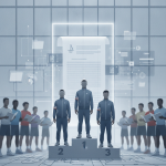 Three athletes on a podium with digital elements representing sports legislation, symbolizin — TEAM USA Act College Sports