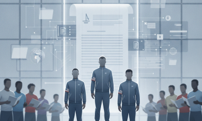 Three athletes on a podium with digital elements representing sports legislation, symbolizin — TEAM USA Act College Sports